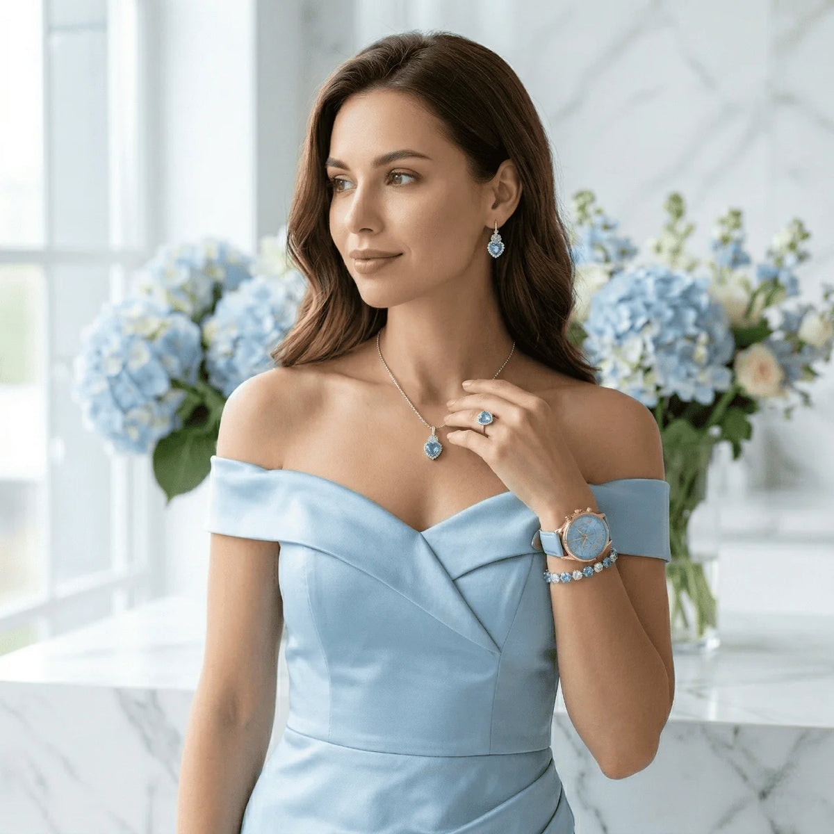 AZURA 💙 Set Femme 4 Pièces · Montre Bleue + Collier, Boucles & Bague Cœur - CD