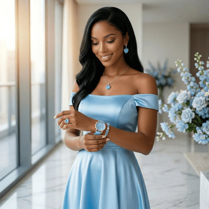 AZURA 💙 Set Femme 4 Pièces · Montre Bleue + Collier, Boucles & Bague Cœur - CD