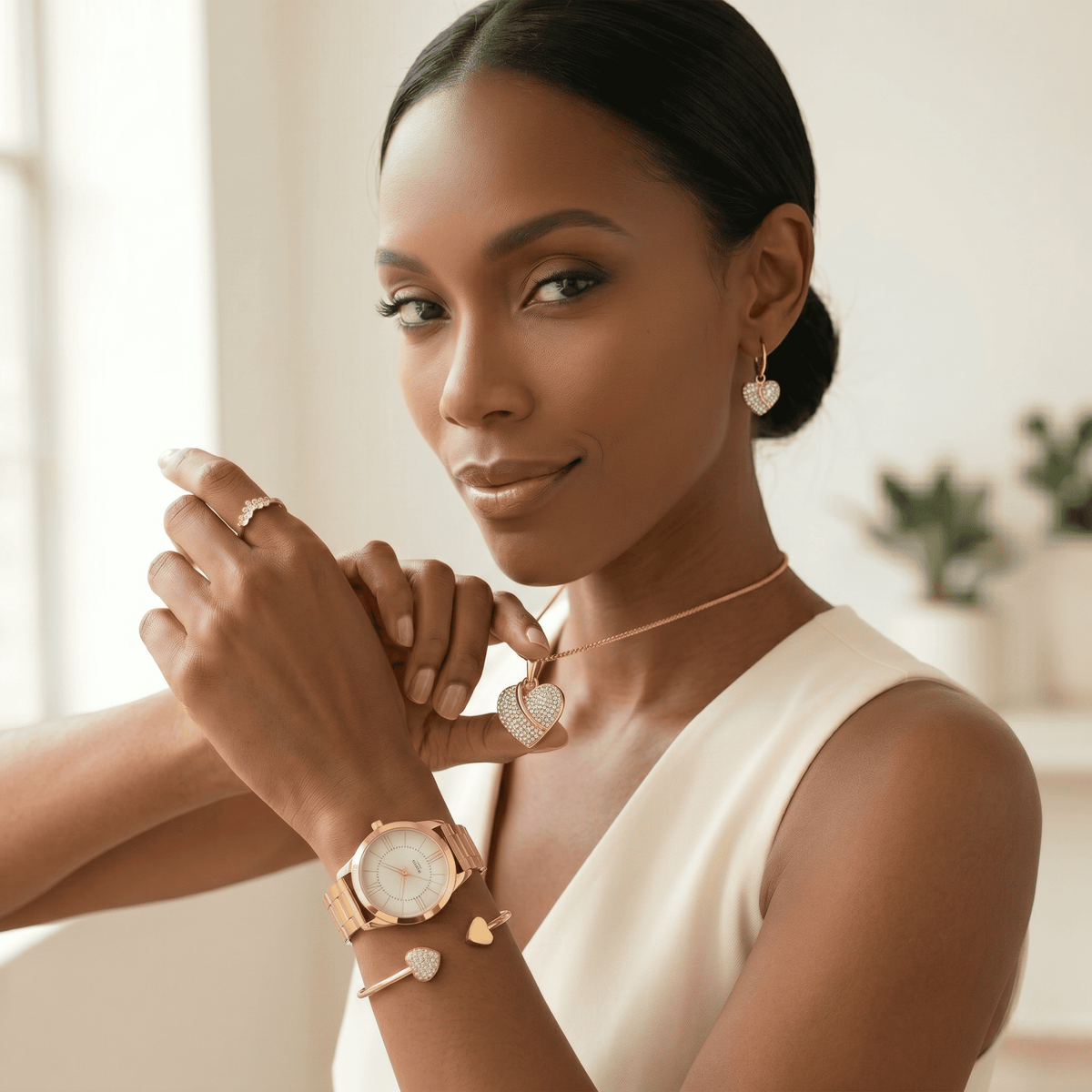 AMORA Set Femme 5 Pièces · Montre Dorée + 4 Bijoux Cœur Sertis - CD