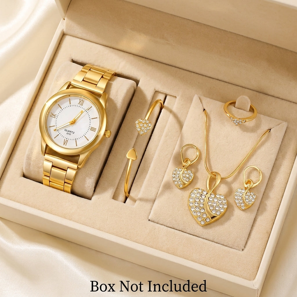 AMORA Set Femme 5 Pièces · Montre Dorée + 4 Bijoux Cœur Sertis - CD