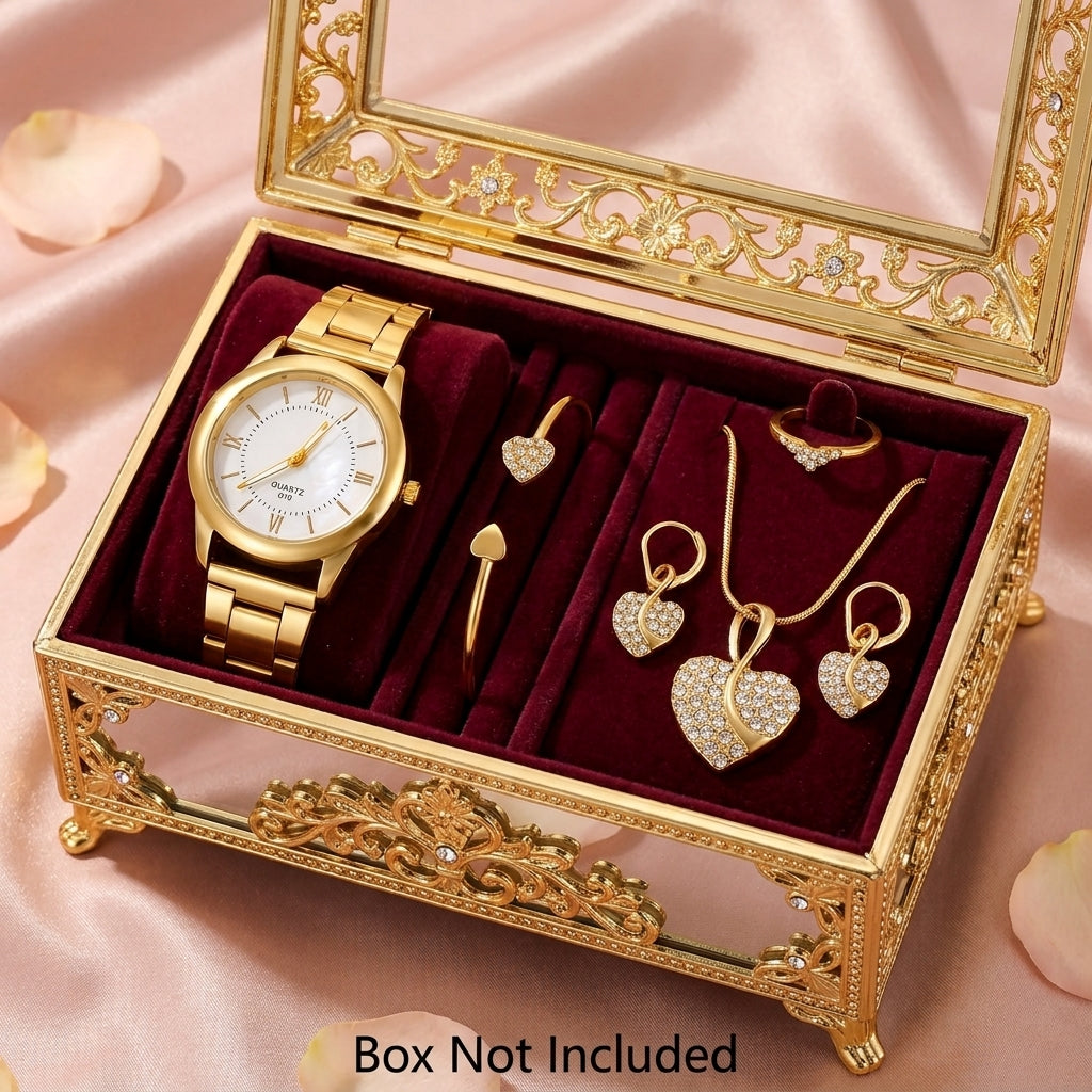 AMORA Set Femme 5 Pièces · Montre Dorée + 4 Bijoux Cœur Sertis - CD