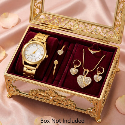 AMORA Set Femme 5 Pièces · Montre Dorée + 4 Bijoux Cœur Sertis - CD