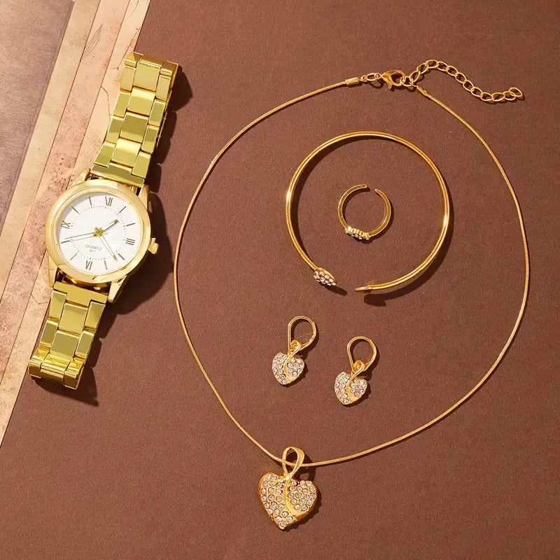 AMORA Set Femme 5 Pièces · Montre Dorée + 4 Bijoux Cœur Sertis - CD