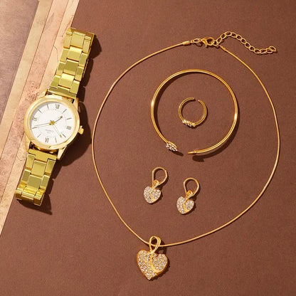 AMORA Set Femme 5 Pièces · Montre Dorée + 4 Bijoux Cœur Sertis - CD