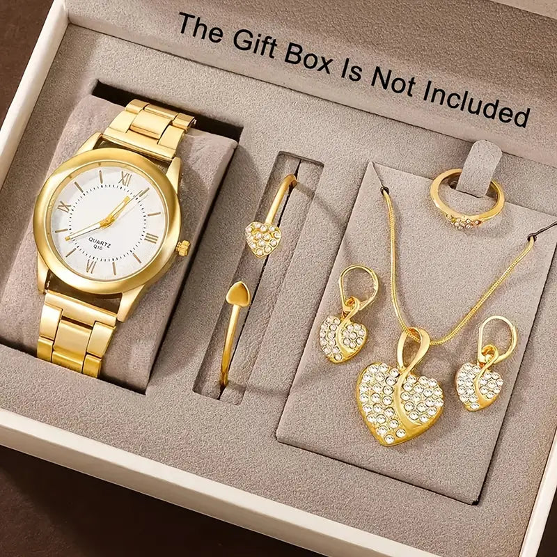 AMORA Set Femme 5 Pièces · Montre Dorée + 4 Bijoux Cœur Sertis - CD