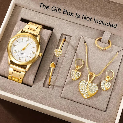 AMORA Set Femme 5 Pièces · Montre Dorée + 4 Bijoux Cœur Sertis - CD