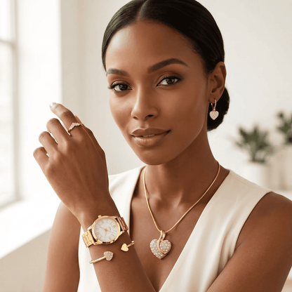 AMORA Set Femme 5 Pièces · Montre Dorée + 4 Bijoux Cœur Sertis - CD
