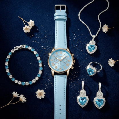 AZURA 💙 Set Femme 4 Pièces · Montre Bleue + Collier, Boucles & Bague Cœur - CD
