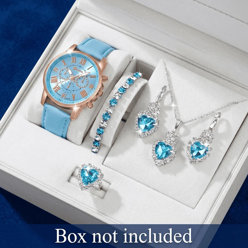 AZURA 💙 Set Femme 4 Pièces · Montre Bleue + Collier, Boucles & Bague Cœur - CD