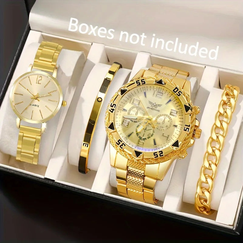 ÉTERNEL 💛 Ensemble Couple 4 Pièces · 2 Montres + 2 Bracelets Dorés - CD