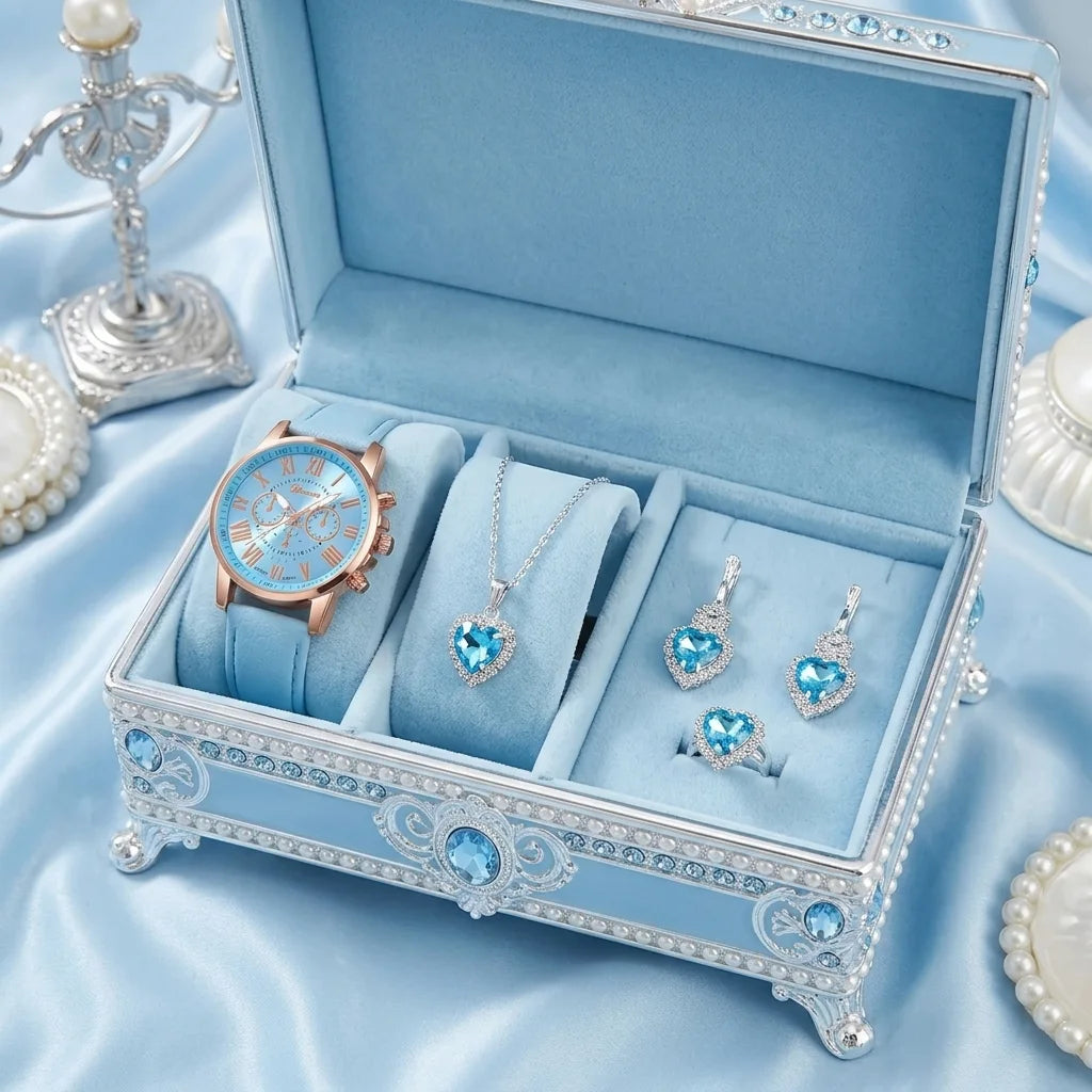 AZURA 💙 Set Femme 4 Pièces · Montre Bleue + Collier, Boucles & Bague Cœur - CD