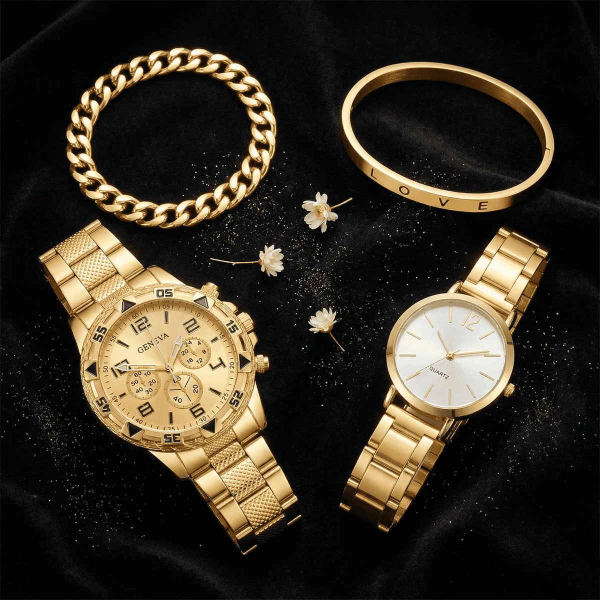 ÉTERNEL 💛 Ensemble Couple 4 Pièces · 2 Montres + 2 Bracelets Dorés - CD