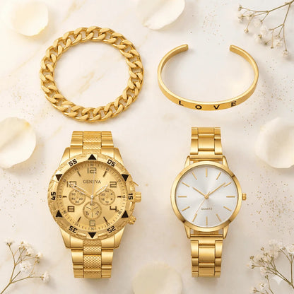 ÉTERNEL 💛 Ensemble Couple 4 Pièces · 2 Montres + 2 Bracelets Dorés - CD